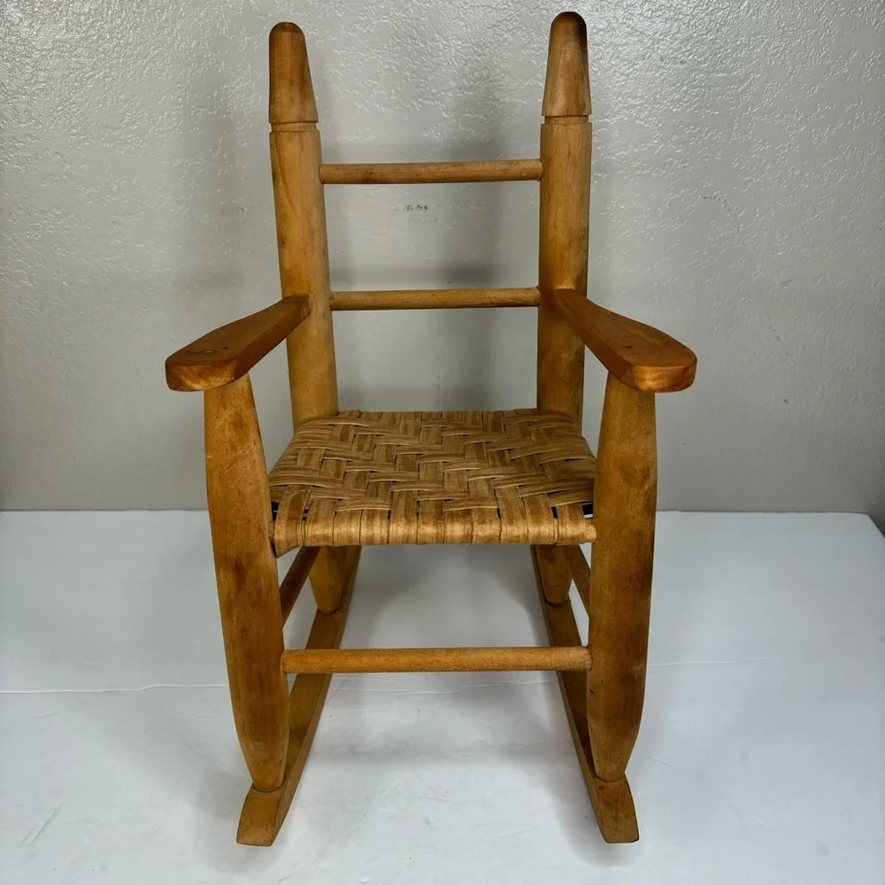 Handmade Wood Rocking Chair made for American Girl Doll Hand Woven Seat 12X16X9”